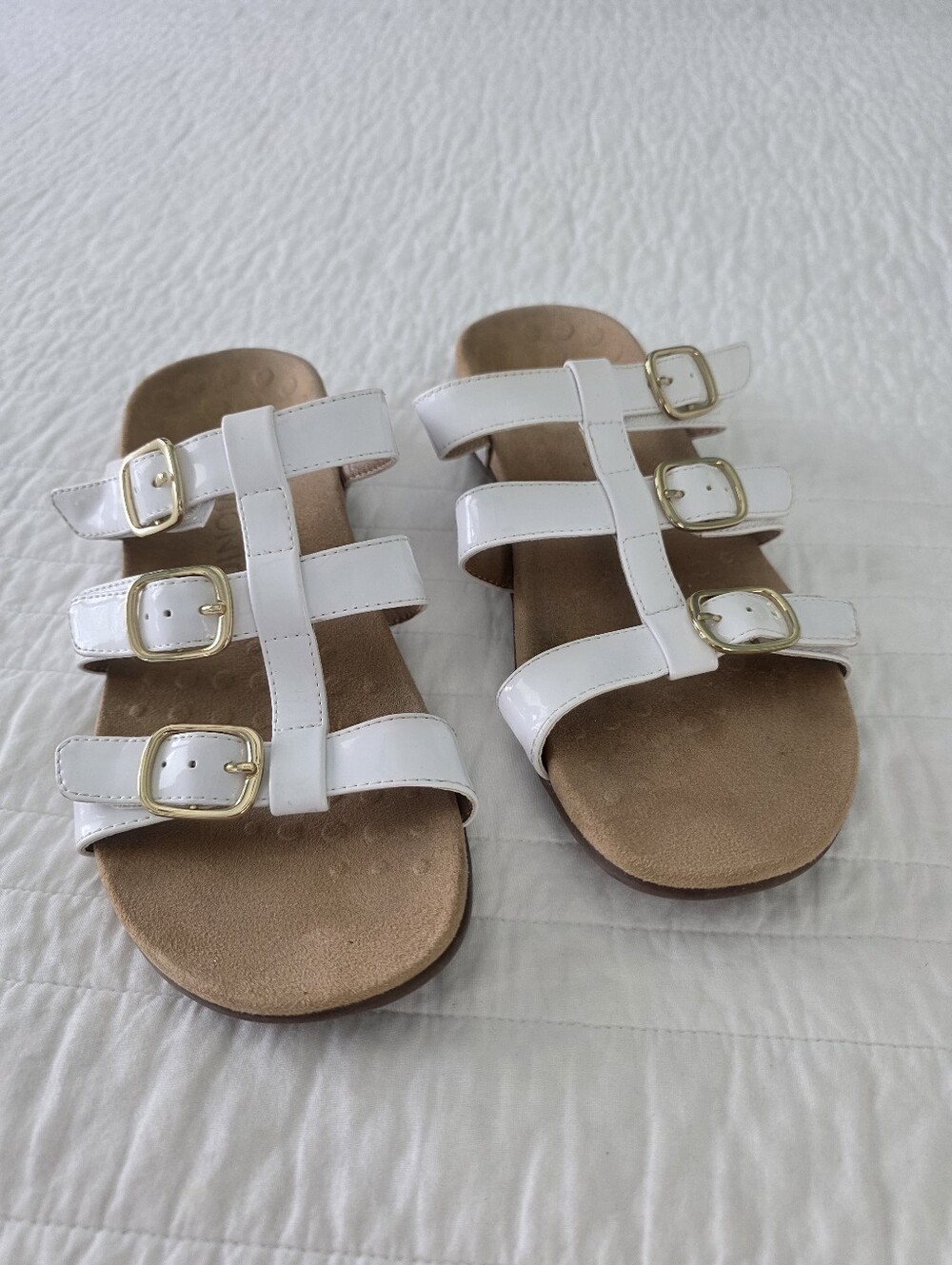 Vionic Mesa White Triple-Buckle Slide Sandals with Gold Hardware Size 9
